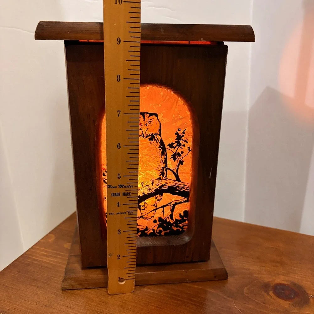 Vintage Rustic Wood Owl‎ Lantern Candle Holder Box Mirror Interior Amber Glow
